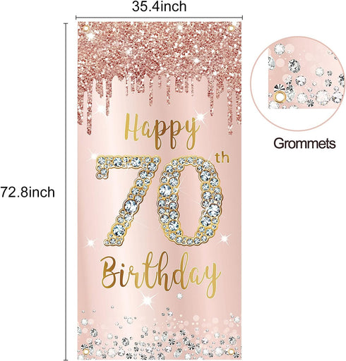 70th Birthday Door Banner Decorations - Pink Rose Gold Happy 70th Birthday Poster Sign for Party Supplies