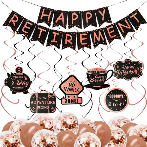 Retirement Party Decorations for Women, Black Rose Gold Happy Retirement Banner and Swirls with Rose Gold Confetti