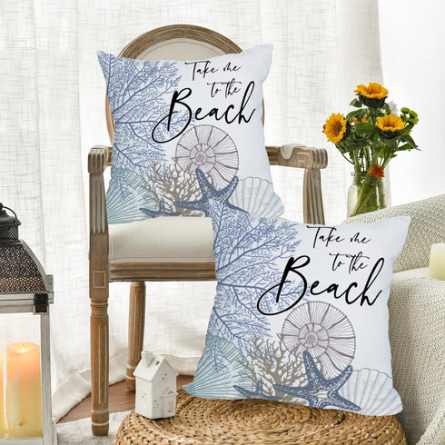 2 Pack Waterproof Take Me to The Beach Summer Pillow Covers 18x18 Inch, Blue Ocean Sea Shell Coral Conch Starfish Throw