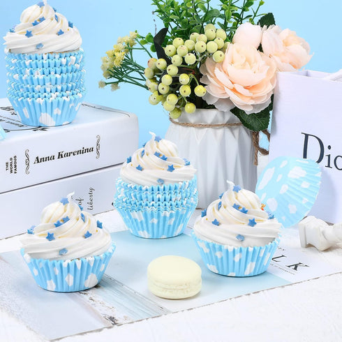 300 Count Cloud Blue Cupcake Liners, White Light Blue Cupcake Wrappers for Birthday Theme Party Baking