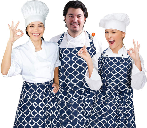Kitchen Cooking Aprons with 3 Pockets - Cotton Adjustable Professional Grade Chef Apron for BBQ & Grill (Blue)
