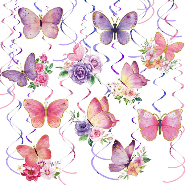 Pajean 30 Pieces Butterfly Party Decorations, Watercolor Purple Hanging Swirls for Baby Girl Birthday Supplies