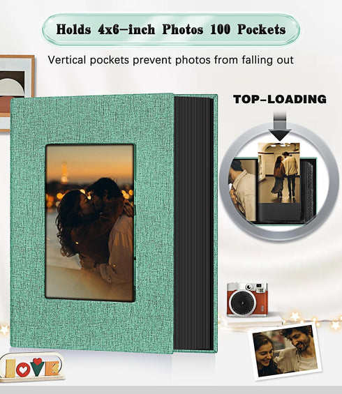 Photo Album for 4x6 Photos, Linen Cover Slide-in Book Holds 100 Photos with 50 Black Pages (Turquoise)