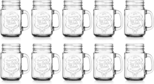 Set 10 16 Oz. Glaver's of Ice Cold Mason Drinking Glasses With Handles. Quality Refreshing Ice Cold Embossed Logo Jars