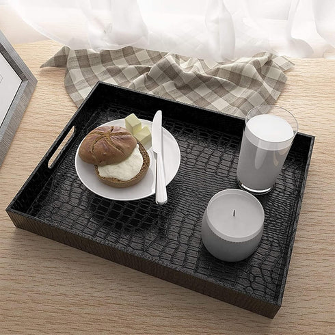 17x12 Inch Lyellfe Black Serving Tray with Handles, Decorative Ottoman Tray in Alligator Faux Leather, Rectangular