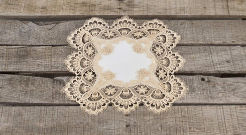 Gold European Lace and Antique Jacquard Fabric Doily - 14 Inch Square Placemat