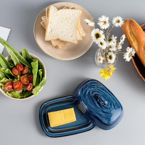 Countertop, Hasense Butter Dish with Lid, Ceramic Butter Dish with Cover for Porcelain Butter Keeper with Handle Design