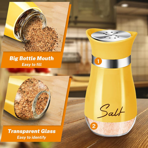 Salt and Pepper Shakers Set, 4 oz Glass Bottom Shaker with Stainless Steel Lid for Kitchen, BBQ, Camp, RV (Yellow)