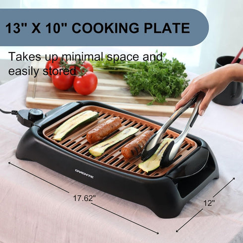 OVENTE Electric Indoor Grill, 13x10 Inch Non-Stick Surface, 1000W Fast Heat, Adjustable Temperature, Dishwasher Safe