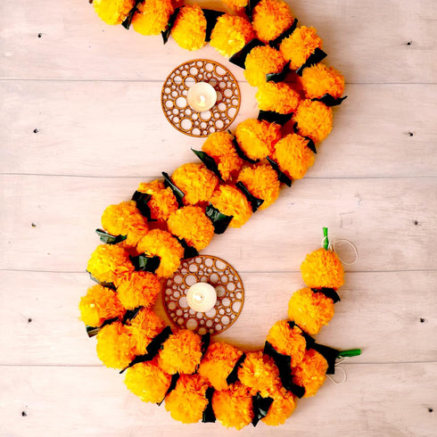 5 PC - 4.5 feet Marigold Garland with Green Leaves, Indian/American Wedding Party Decoration, Faux Floral