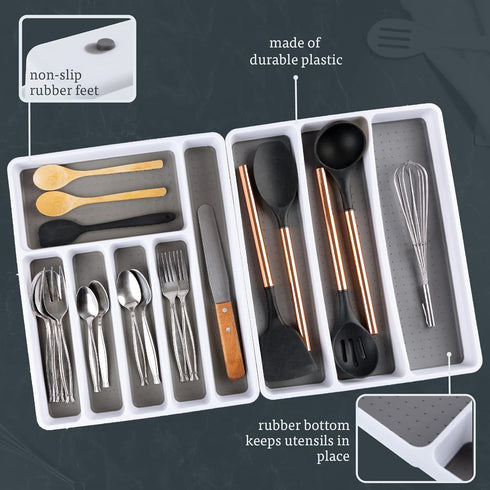 Masirs No-Slip Silverware Tray Organizer, 2-PIECE with 9-SECTIONS for Different Kitchen Utensil and Cutlery Sizes