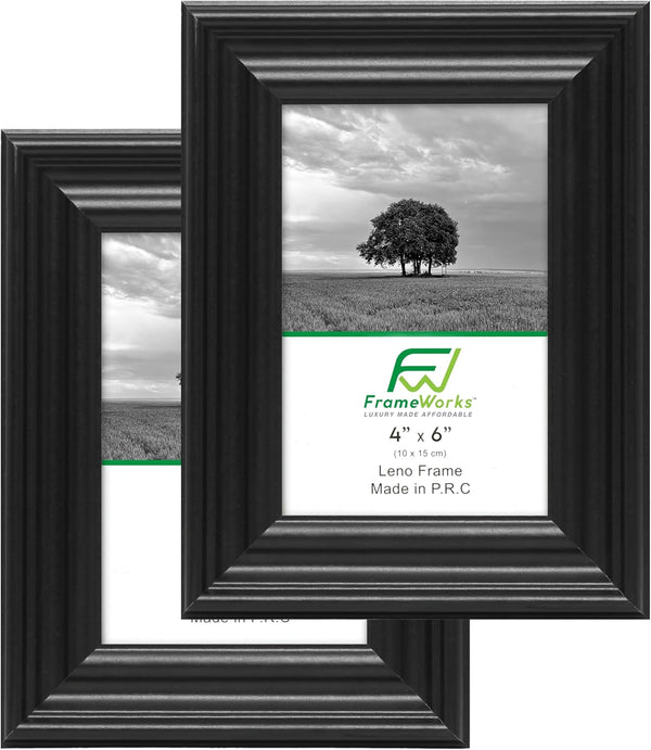 FrameWorks 2-Pack Black Wooden Picture Frames, 4” x 6” with Luxury Wide Molded Edges and Tempered Glass