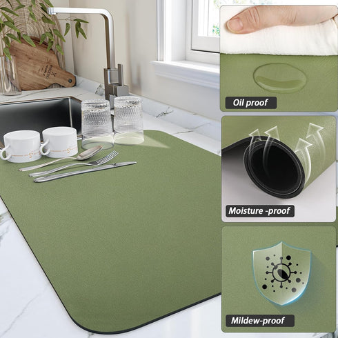 Dish Drying Mat for Kitchen Counter, Heat Resistant Non-slip Draining Mat, Super Absorbent, Easy to Clean, Green 18"x24"