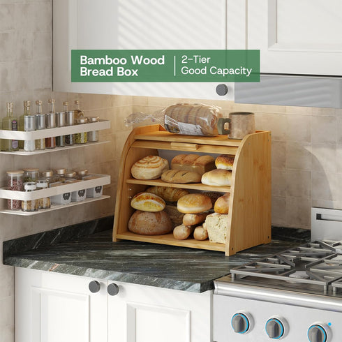 kiplant Countertop, Bread Box for Kitchen Large Bamboo Wood Bread Box, Wooden Corner Bread Storage Capacity