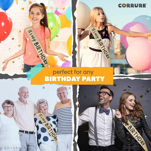 CORRURE 'It's My Birthday' Sash Glitter with Black Foil, Gold Glitter Birthday Sash for Women and Men, Happy Birthday