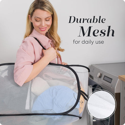 Popup and Collapsible Foldable Laundry Basket - Durable Mesh Material, Easy Carry Handles, Great Hamper for College