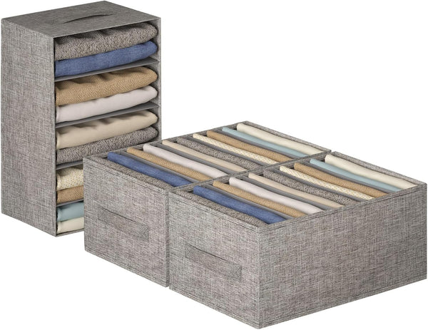 Large 5-Grid Wardrobe Clothes Organizer for Jeans, Pants, Sweaters, Stackable Drawer Organizer with Handles, Gray Linen
