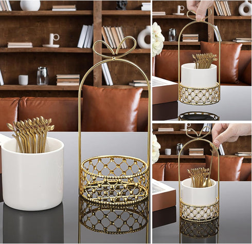 ELLDOO Coffee Spoon Set, 8 Stainless Steel Gold Leaf Coffee Spoons with White Ceramic Holder