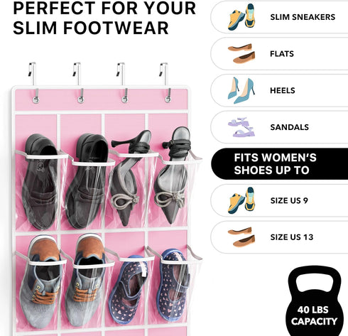 24 (64'' 19'') Simple Houseware Pockets - Crystal Clear Over The Door Hanging Shoe Organizer, Pink x