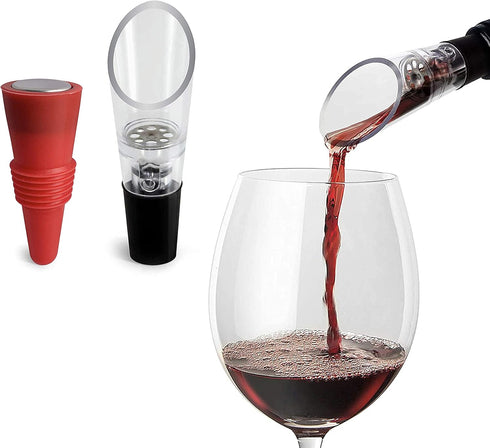 TenTen Labs Wine Aerator Pourer and Stopper (2-pack) - Wine Saver and Re-corker, Gift Box Included (Red)