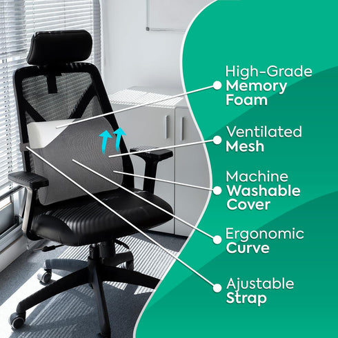 Dromere Lumbar Support Pillow for Office Chair, Ergonomic Memory Foam Back Cushion with Adjustable Straps