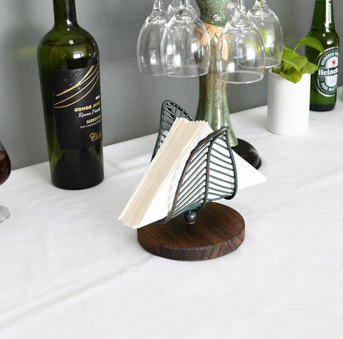 OwlGift Freestanding Modern Napkin Holder, Golden Turquoise Wrought Iron Leaf & Brown Wooden Base Design, Tissue