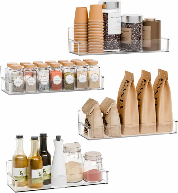 Yieach 4 Pack Clear Spice Rack Wall Mount with Adhesive,11.5L x 3.6W,Stick on