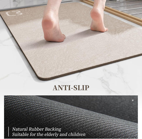 Diatomaceous Earth Bath Mat - Super Absorbent Non-Slip Fast Drying Shower Rug, Thin Bathroom Floor Mat, Machine