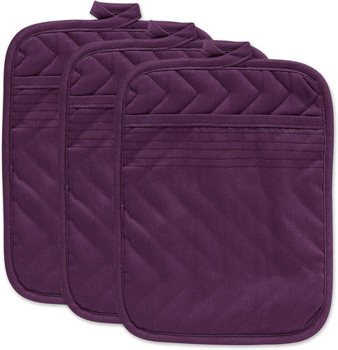 DII Heat Resistant Quilted Cotton Pot Holder Set, 7x9, Eggplant, 3 Count, Space for Personalization