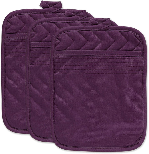 DII Heat Resistant Quilted Cotton Pot Holder Set, 7x9, Eggplant, 3 Count, Space for Personalization