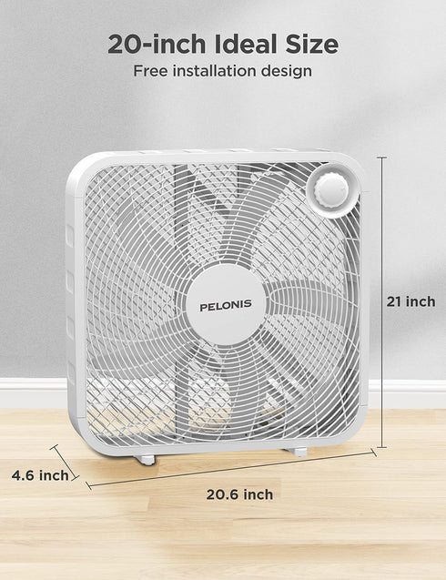 PELONIS 3-Speed Box Fan, Full-Force Circulation, Air Conditioner, White