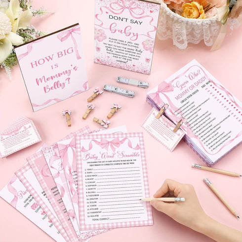 Funnymoom 426 Set-8 Mommy's Pcs Pink Bow Baby Shower Games Games, Includes Baby Shower Bingo, Price is Right, Guess