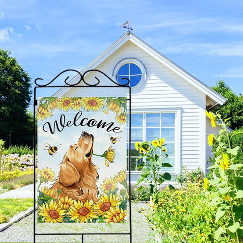 Welcome Spring Summer Golden Retriever Dog Decorative House Flag, Sunflowers Bee Garden Yard Outside Decorations, 28 x