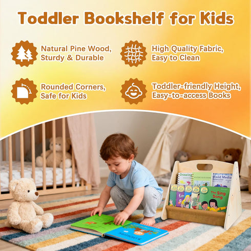 AZSKY Double Sided Toodler Book Shelf, Small Wooden Book Storage for Kids, Brown Mini Children Book Holder for Baby