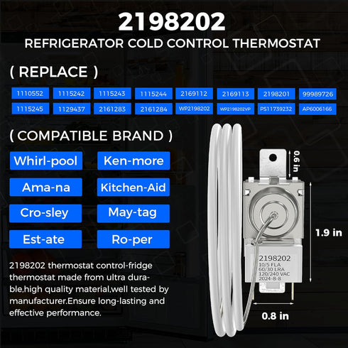 Romalon 2198202 Refrigerator Cold Control Thermostat Compatible for WhirlPool Kenmore, Replaces Part 2161284 2198201