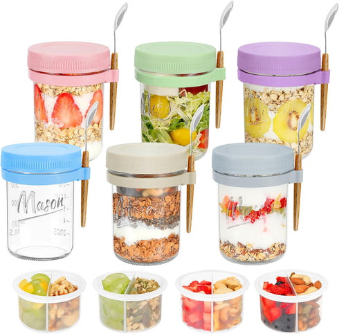 Xyptorix 6 Pack Overnight Oats Containers with Lids and Spoons, 16 oz