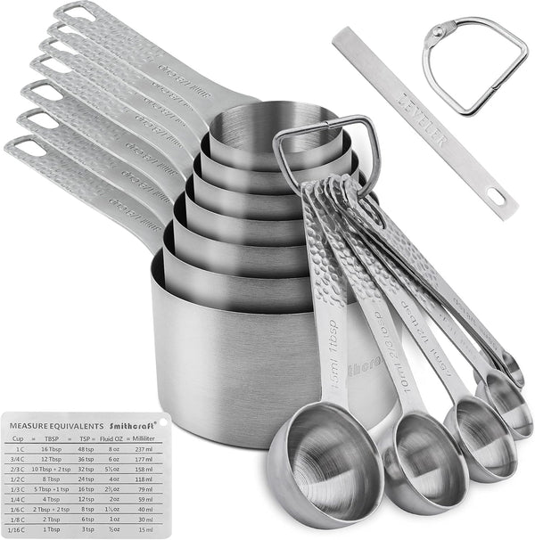 Measuring Cups and Spoons Set, 18/8 Stainless Steel 16pcs Set with Leveler and Equivalents Dry Measuring Cups