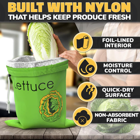 3-Layer Lettuce Keeper for Refrigerator Reusable Produce Storage Bags with Foil Lining and Drawstring | Breathable