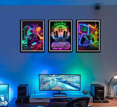 NBYARTQ 3Pcs Cool Gaming Wall Art - Retro Video Gamer Watercolor Posters, Colorful Neon Canvas Prints for Boys Room