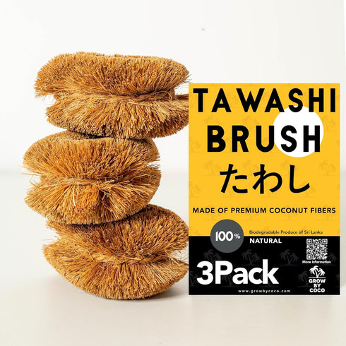 Pack 3 Brush,100% of Tawashi Vegetable Scrub Natural Coconut Coir Fiber VegetableBrush, Ideal for Fruit Scrub, Kitchen