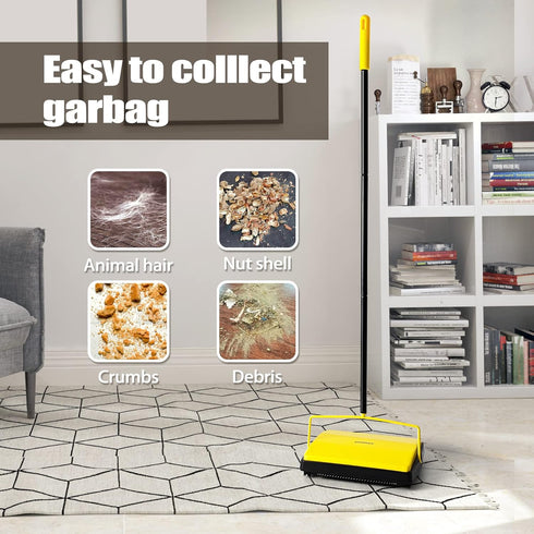 Carpet Sweeper Manual Push with Horsehair Brush, Non Electric Floor Roller Broom for Pet Hair