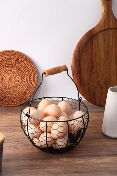Countertop Fresh Eggs Collecting Basket With HandleVintage Style Metal Wire Eggs Holder Basket for Kitchen Storage Bin