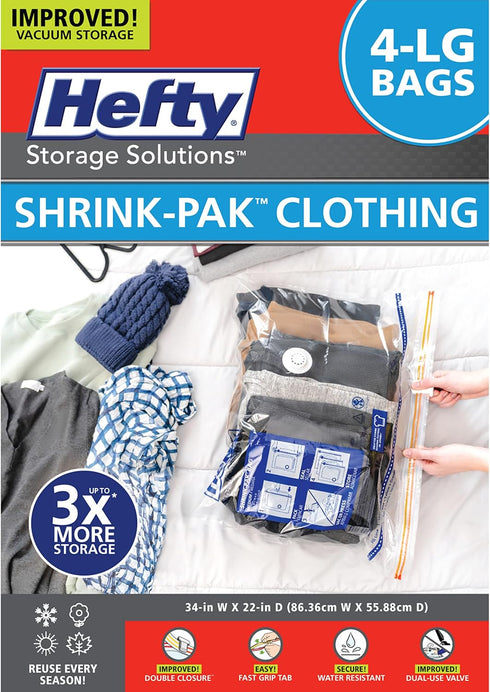 Hefty Shrink-Pak - 4 Large Vacuum Storage Bags for Clothes, Pillows, Towels, or Blankets - Ideal Space Saver Vacuum