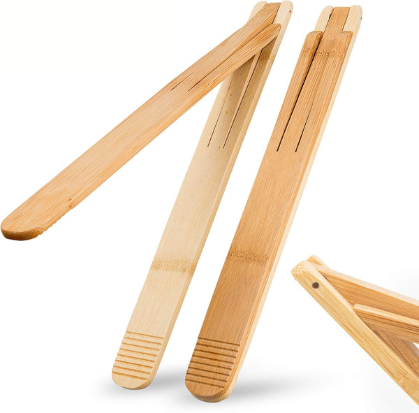 Bamboo Cooking Tongs Set of 2 – 11” Foldable Kitchen Tongs with Non-Scratch Grip for BBQ, Salad, Camping & Serving