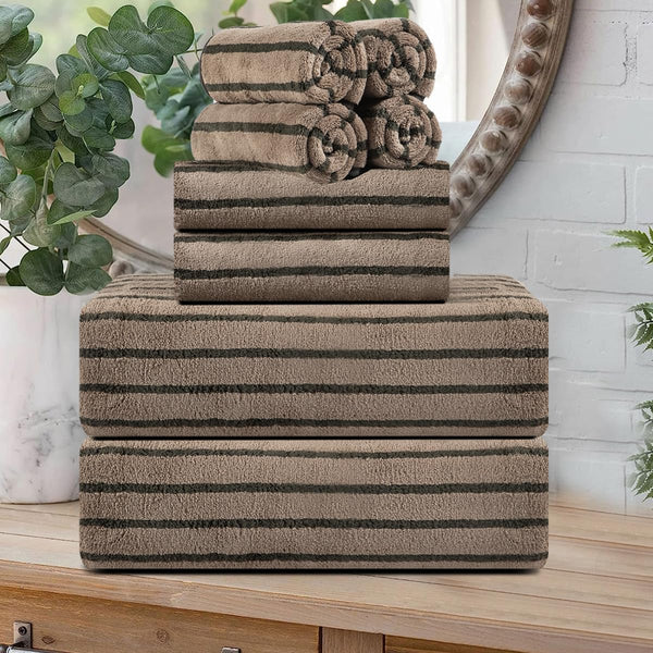 8 Pcs Polyester Brown Cabana Stripe Large Bath Towel Set-2 Bathroom Towels,2