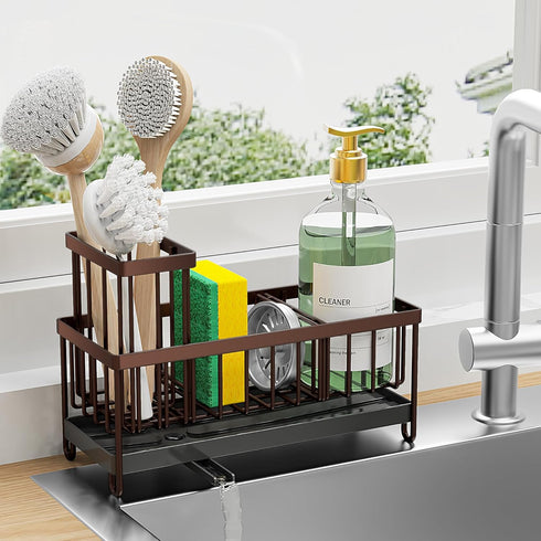 Cisily Kitchen Sink Sponge Holder, Rustproof 304 Stainless Steel Organizer with High Brush Holder (Brown)
