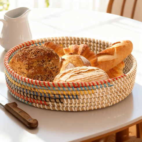 12'' SOUJOY Woven Seagrass Serving Tray, Rattan Serving Tray, Handmade Round Ottoman Fruit Tray, Colorful Coffee Table