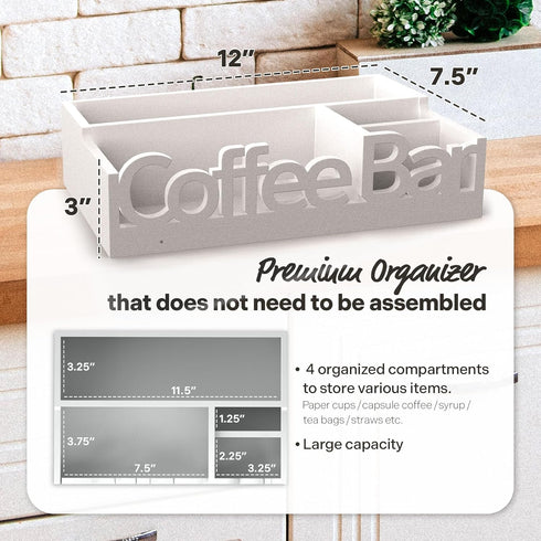 Countertop Coffee Bar Organizer for Wooden Coffee Station Caddy with Compartments for Pods, Condiments, Tea
