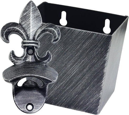 Fleur De Lis Beer Cap Opener - Wall Mounted Bottle Opener with Cap Catcher Drainage, Antique Silver