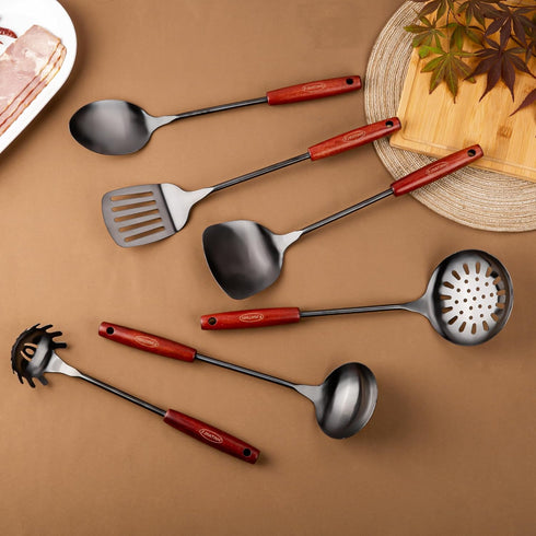 FJNATINH 4-Pieces Professional Wok Utensils Set for Carbon Steel, Wooden Handle Skimmer, Soup Ladle, Slotted Turner,